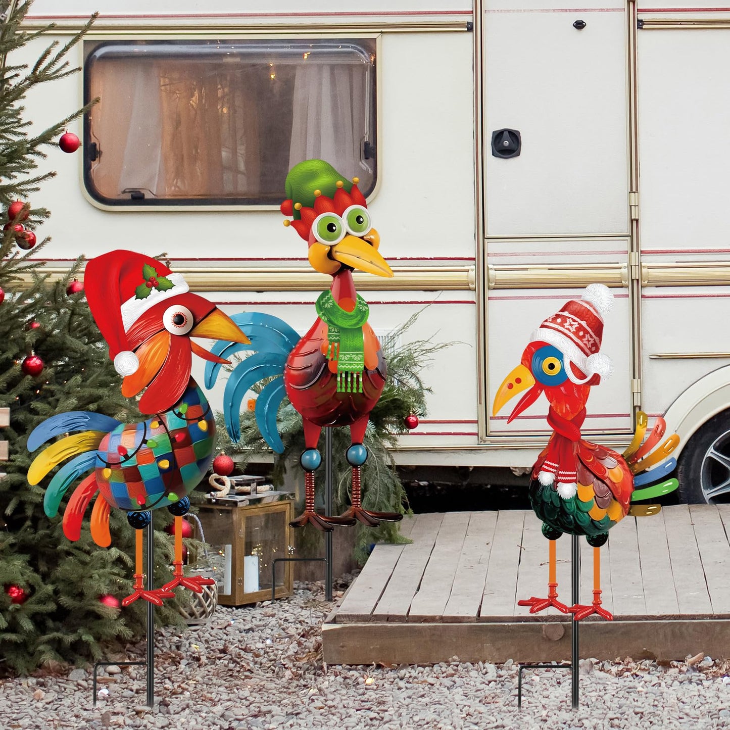 3 Pcs Christmas Chicken Outdoor Decorations Metal Christmas Glossy Rooster Chicken Yard Stakes Rooster Animal Garden Stakes Yard Art for Ground Yard Lawn Porch Sidewalk Xmas Holiday Decorations