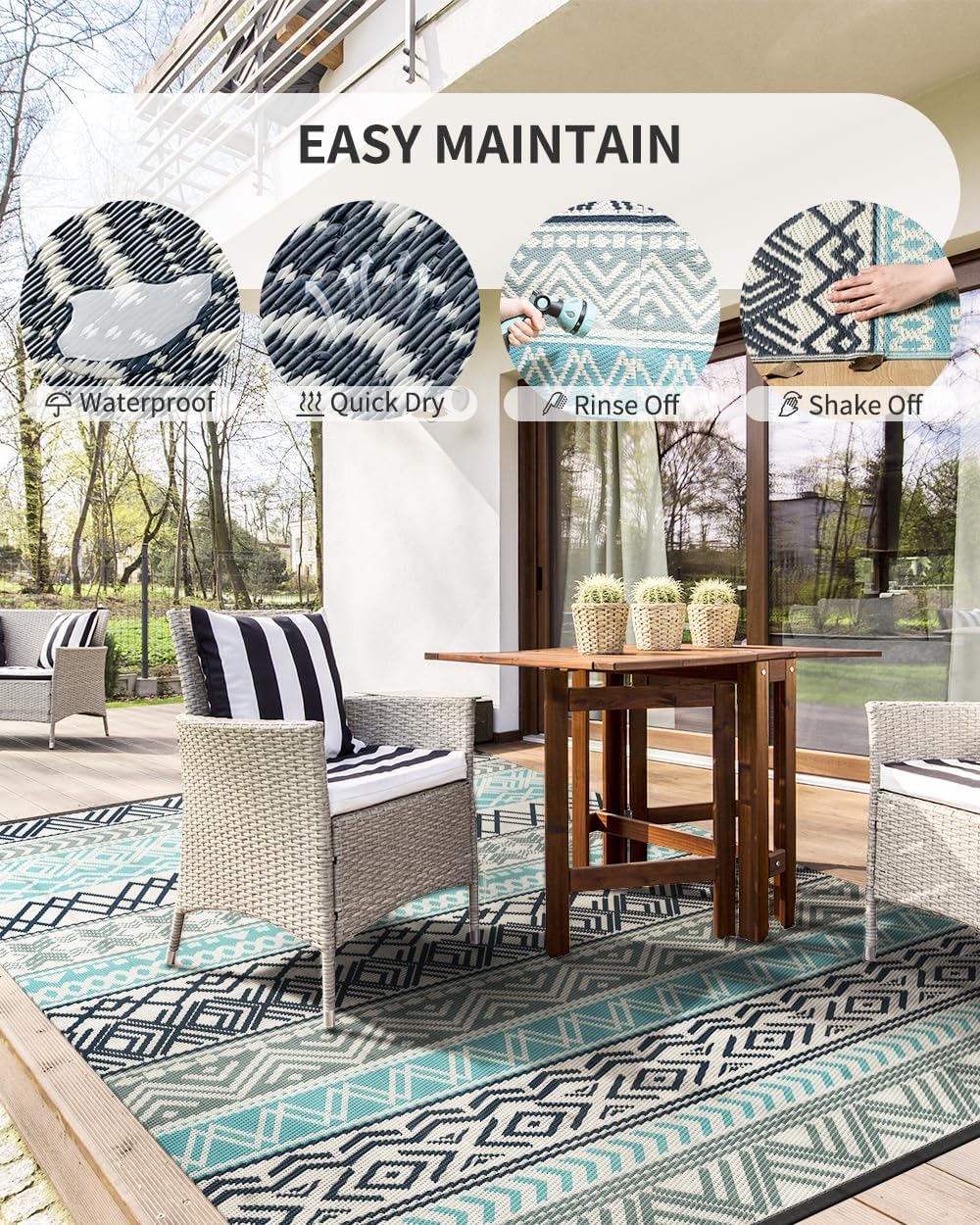 MontVoo Outdoor Rug Carpet Waterproof-Patio Rug Mat 10x14 Reversible RV Outdoor Camping Rugs Picnic Beach Mats Plastic Straw Outside Rugs for Balcony Porch Pool Deck Boho Patio Decor