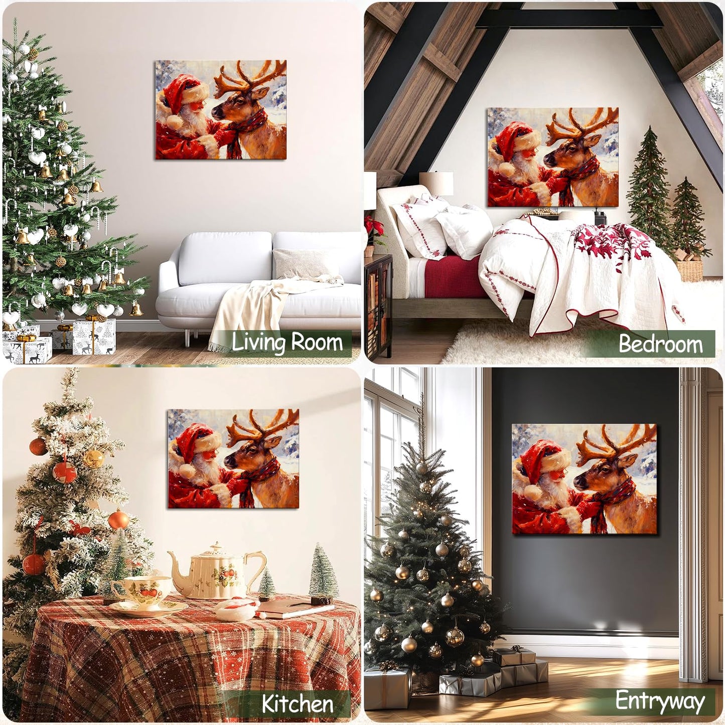 Santa's Reindeer Framed Christmas Wall Art - Festive Holiday Canvas Prints for Living Room Decor, Santa Claus Themed Bedroom Wall Decoration, Ready-to-Hang Christmas Gift Artwork for Home & Office