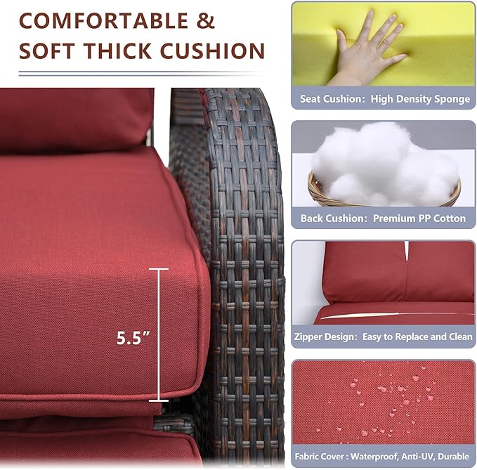 Outdoor Recliner, Outdoor Resin Wicker Patio Recliner Chair with 5.5'' Cushions, Patio Furniture Auto Adjustable Rattan Sofa, UV/Fade/Water/Sweat/Rust Protected, Easy to Assemble (Red)
