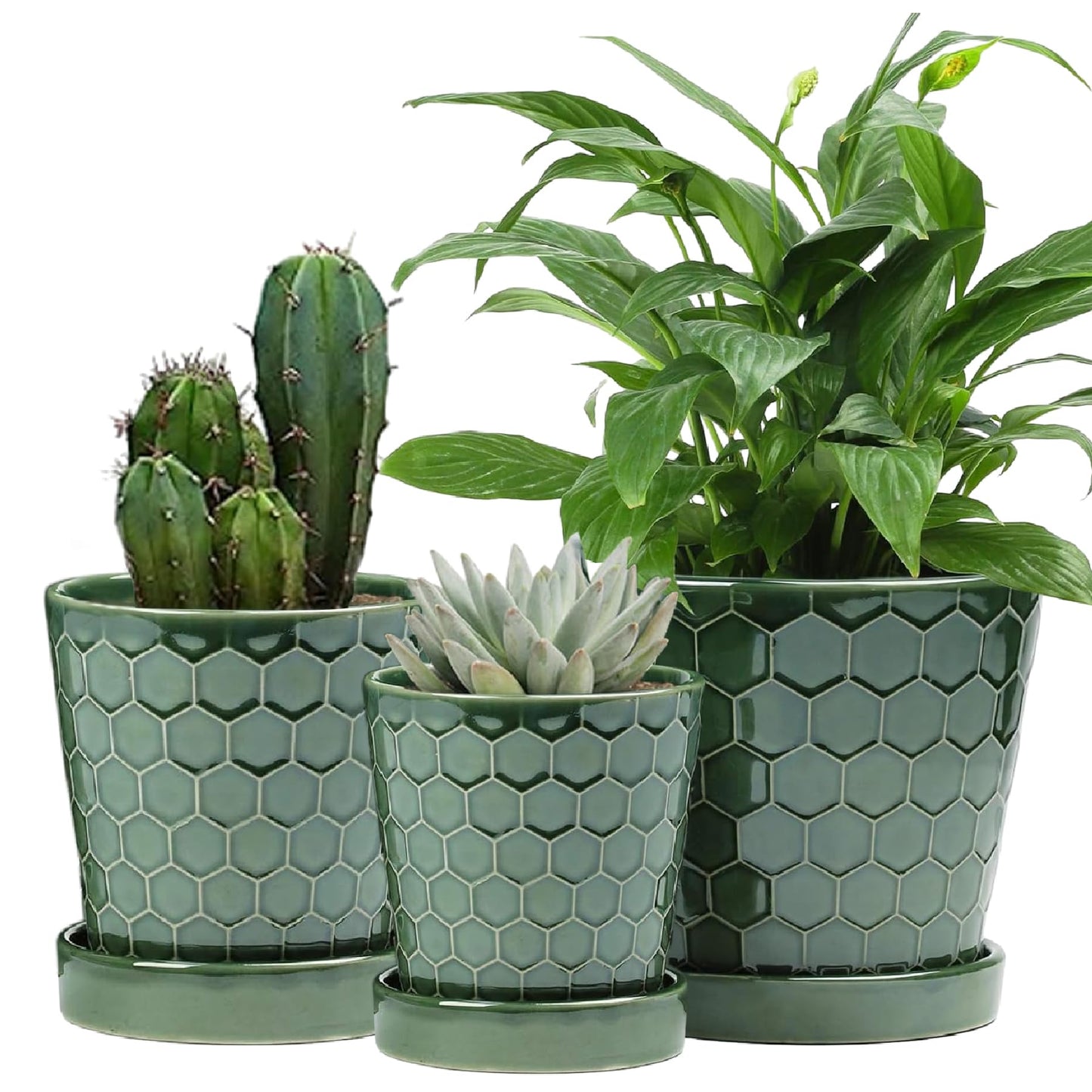 Ceramic Plant Pots,4+5+6 Inch Pots for Indoor Plants,Planters with Drainage Holes and Ceramic Tray, Indoor Flower Pots Gardening Home Desktop Office Windowsill Decoration Gift,Set of 3 (Patina)