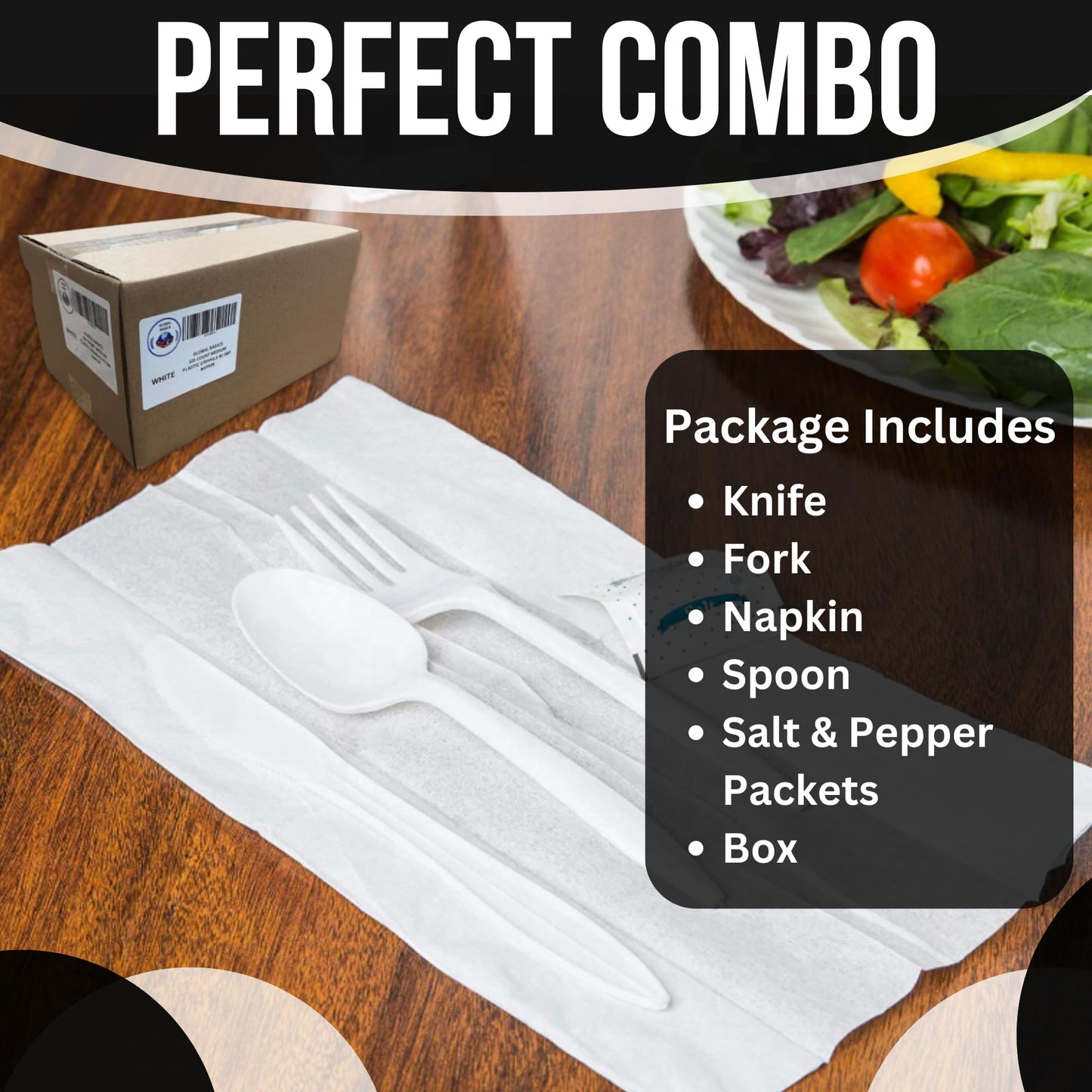 Global Basics Disposable Plastic Cutlery Packs | 125 Individually Wrapped Black Plastic Cutlery Sets | Includes Knife, Fork, Spoon, Napkin and Salt & Pepper Packets | 125 Total (125, Black Plastic)