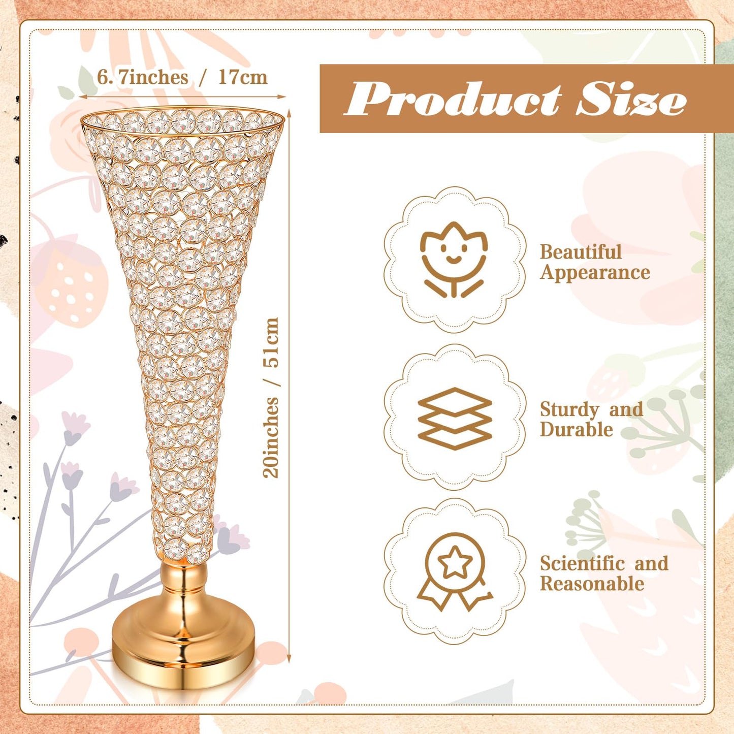 Rtteri 4 Pcs 20 Inch Tall Crystal Vase for Centerpieces Wedding Metal Crystal Trumpet Flower Vase Stand for Holiday Table Floor Wedding Banquet Celebration, Classic Elegance(Gold)