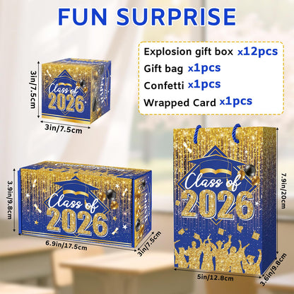 Sereliy Graduation Exploding Money Gift Boxes for Cash, 12 Pack Pop Up Surprise Money Box with Confetti, Blue Gold Graduation Explosion Gift Box for Cash Giving Class of 2026
