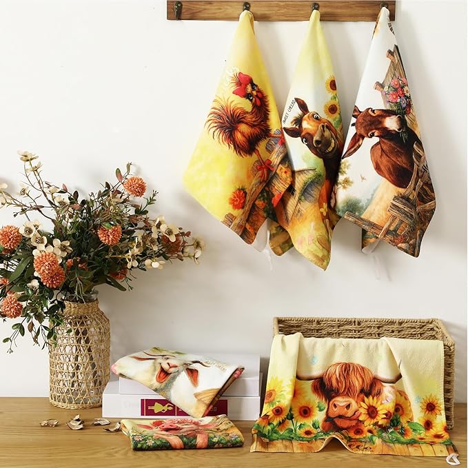 Breling Set of 6 Farmhouse Animal Kitchen Towels Funny Dish Towel Bathroom