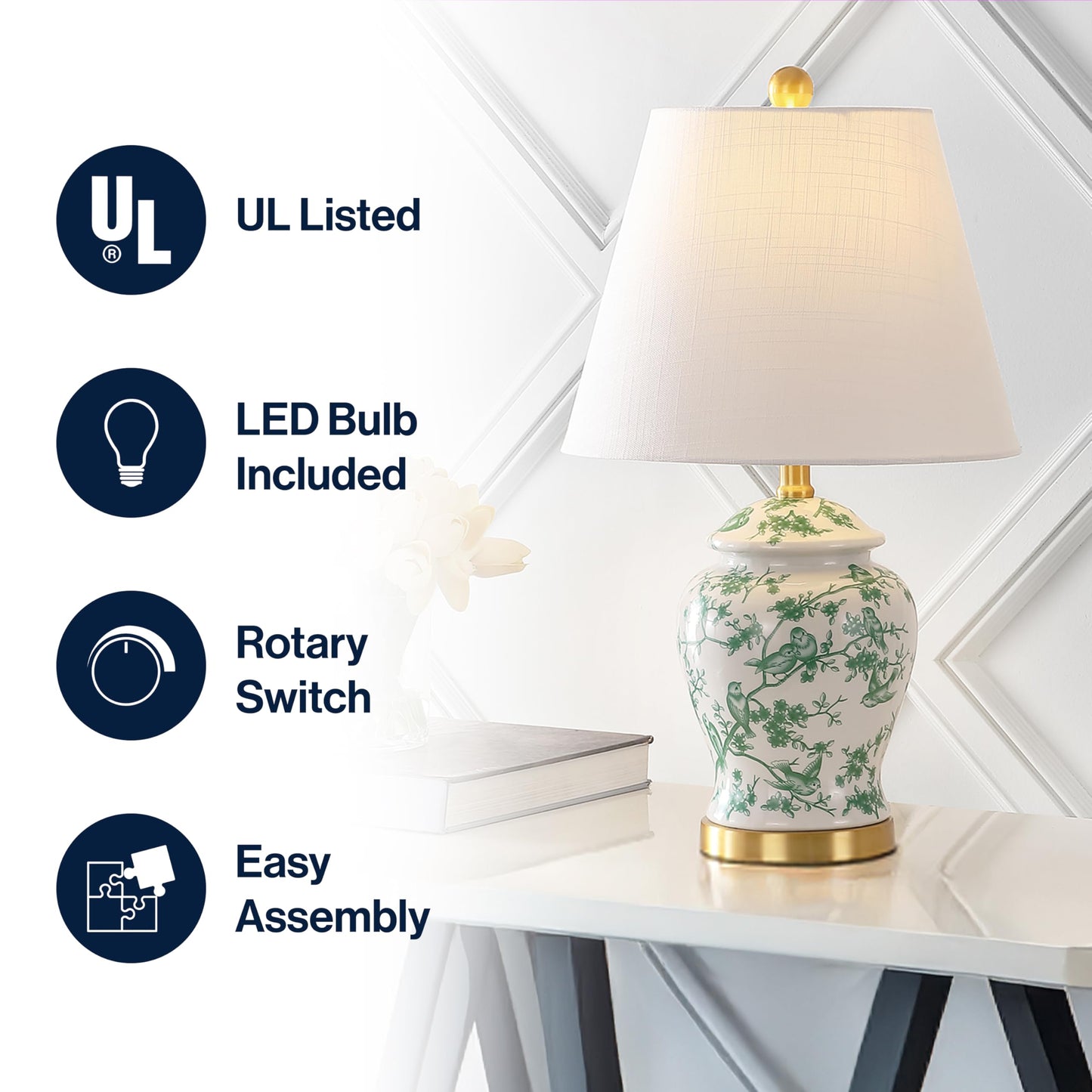 JONATHAN Y 22" White/Green Ceramic Table Lamp, French Country Chinoiserie Ginger Jar LED Bedside Lamp for Living Room Bedroom, White Linen Shade (JYL3005B)