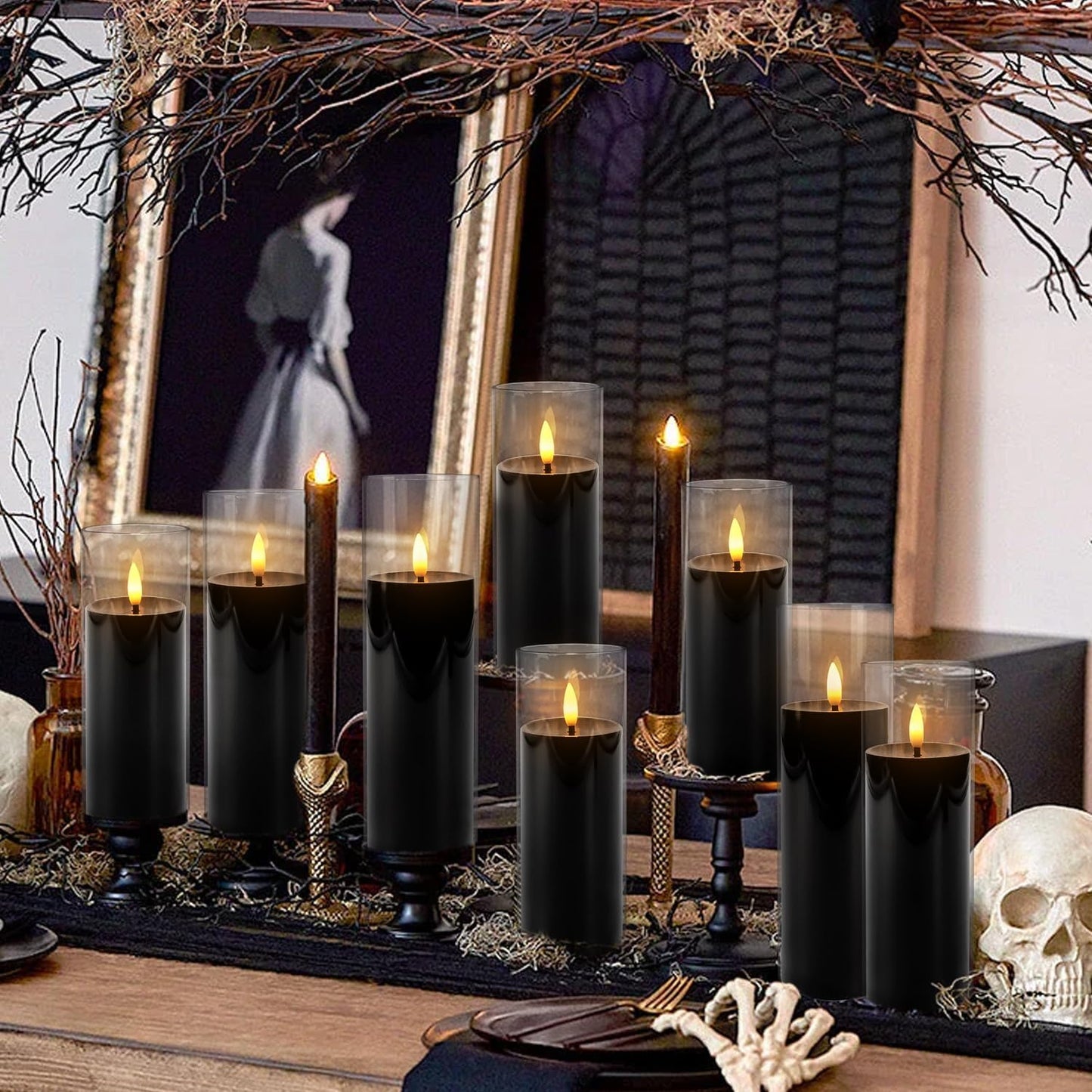 Grcdoyvl 24-Pack Black Flameless LED Candles for Daily Home & Christmas Decor - Realistic Flickering Black Acrylic Pillars with Remote Timer, Perfect for Dining Table, Bedroom, Winter Mantel, Weddings