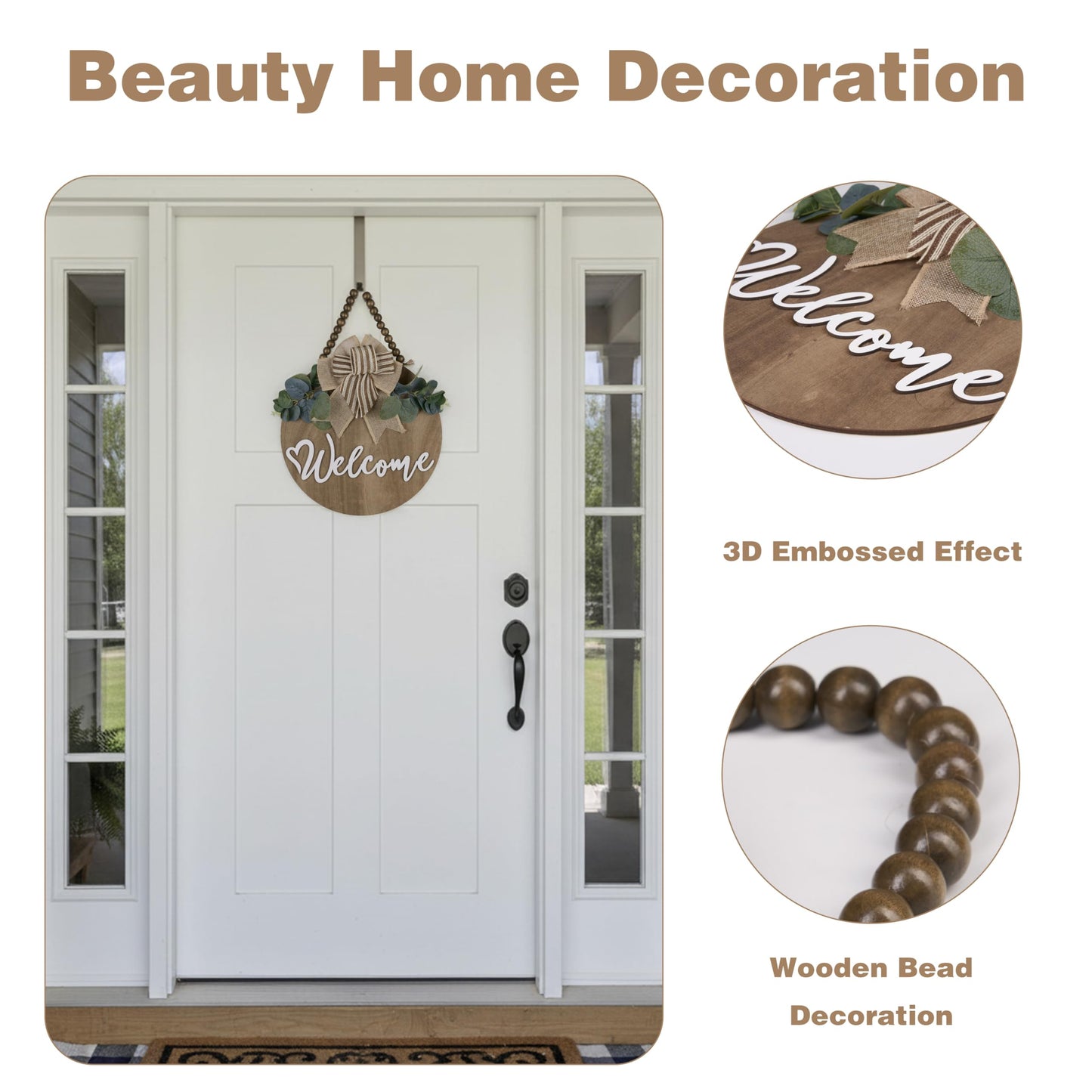 CondorPasea 12 Inch 3D Welcome Sign for Front Door, Round Wooden Welcome Door Sign with Artificial Greenery, Buffalo Plaid Bow & Rustic Beads, Farmhouse Porch Home Decor Gift