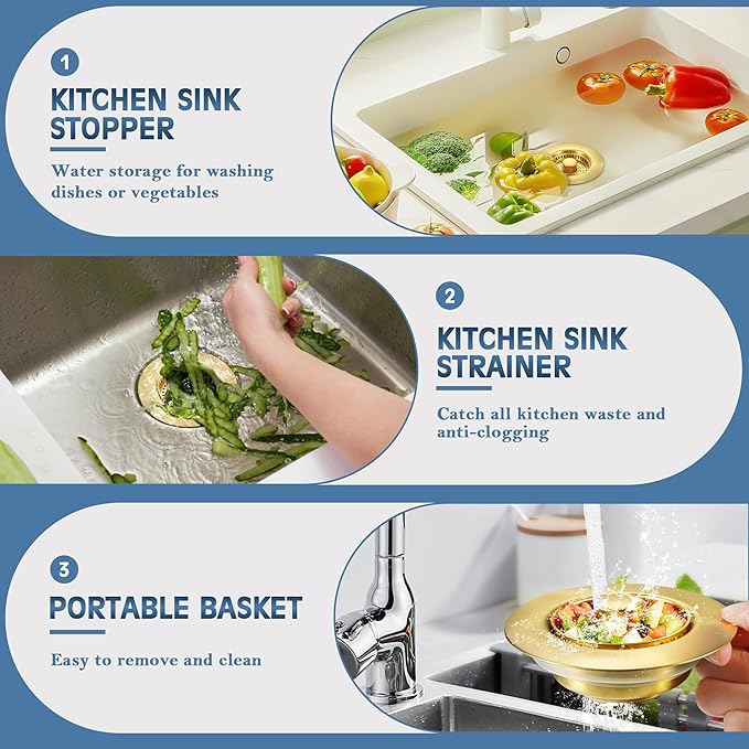 Kitchen Sink Drain Strainer 3 in 1, 304 Stainless Steel Pop Up Sink Stopper