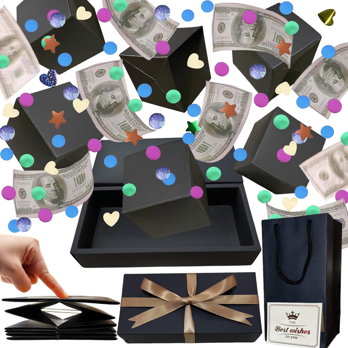 JINSTABAG Surprise Box Gift Box for Money, DIY Unique Folding Bouncing Gift Boxes with Confetti, Surprise Gift Box Explosion for Birthday, Anniversary, Valentine's Day.