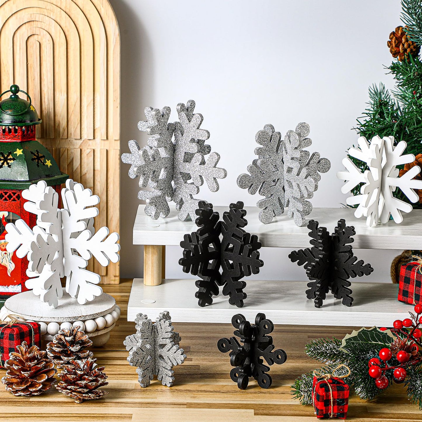 Wenqik 16 Pcs Winter Wooden Snowflake Decor Christmas Winter Snowflake Tabletop Decorations 3D Snow Table Signs Standing Centerpiece Xmas Tiered Tray Decorations for Party(White, Black, Silver)