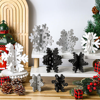 Wenqik 16 Pcs Winter Wooden Snowflake Decor Christmas Winter Snowflake Tabletop Decorations 3D Snow Table Signs Standing Centerpiece Xmas Tiered Tray Decorations for Party(White, Black, Silver)