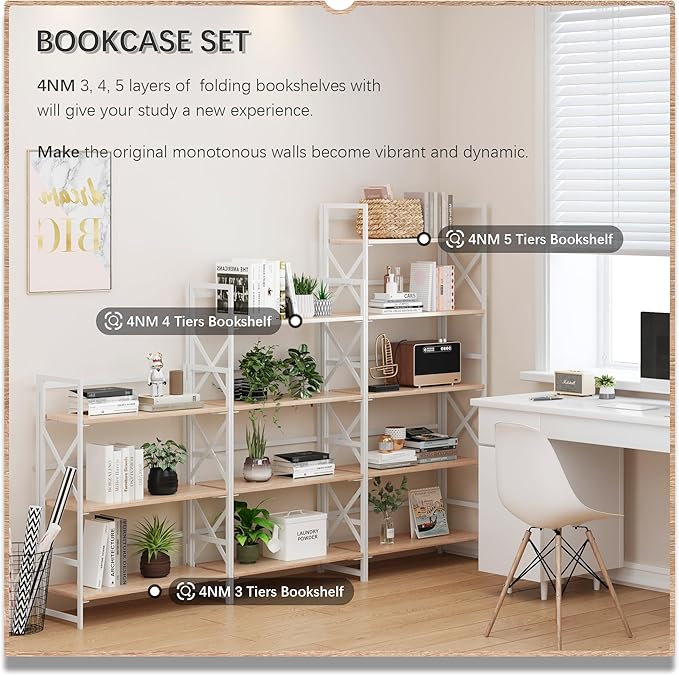 4NM 5 Tiers No Assembly Book Shelves, 51.2" H Folding Bookshelf Bookcase Open
