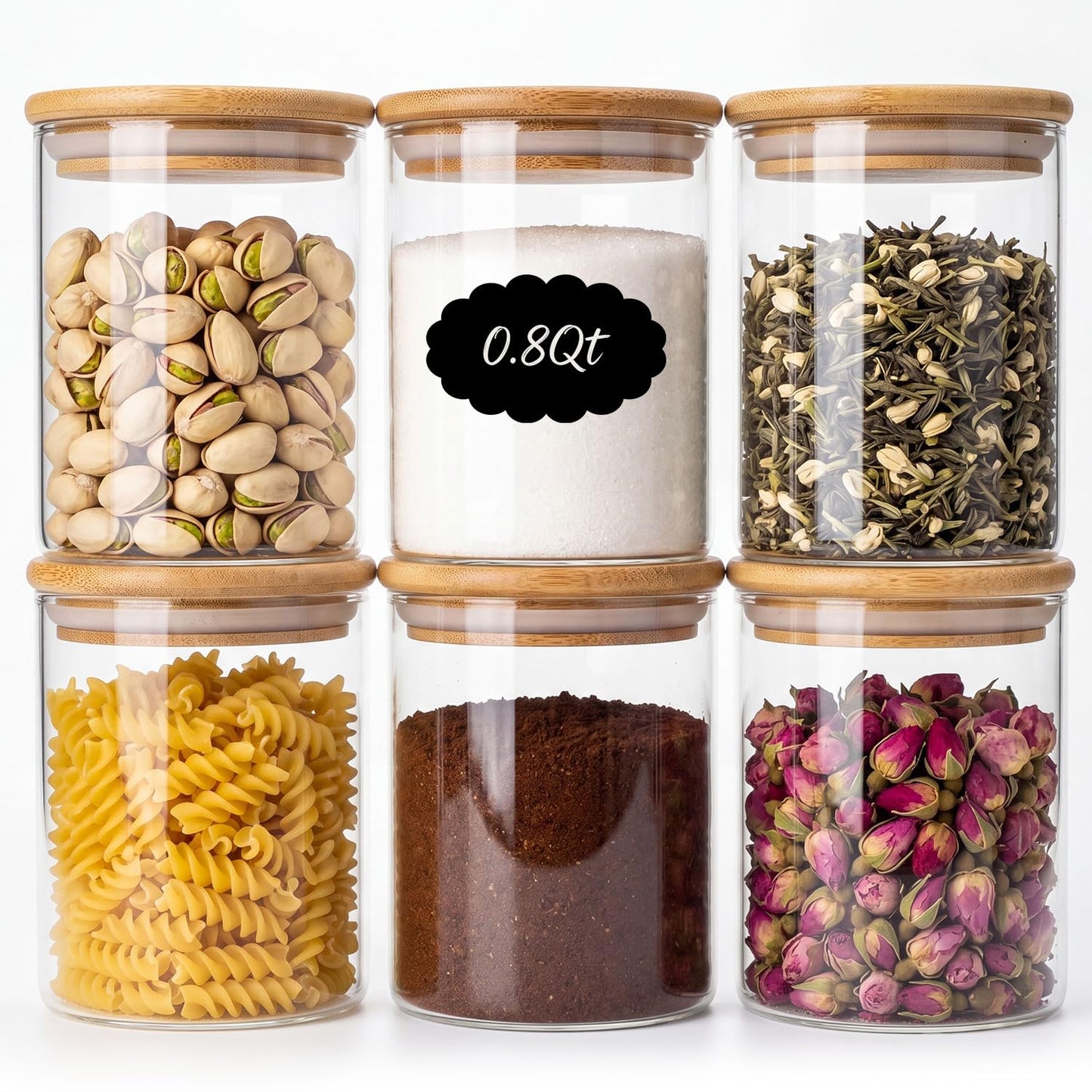 Xoniwis 6-Pack 0.8Qt Round Glass Storage Jars with Bamboo Lids