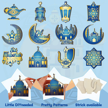 Patelai 36 Pcs Ramadan Ornaments for Tree Wooden Eid Mubarak Tree Decoration Blue and Gold Castle Lantern Star Islamic Hanging Decor Moon with Rope for Home Decor Party