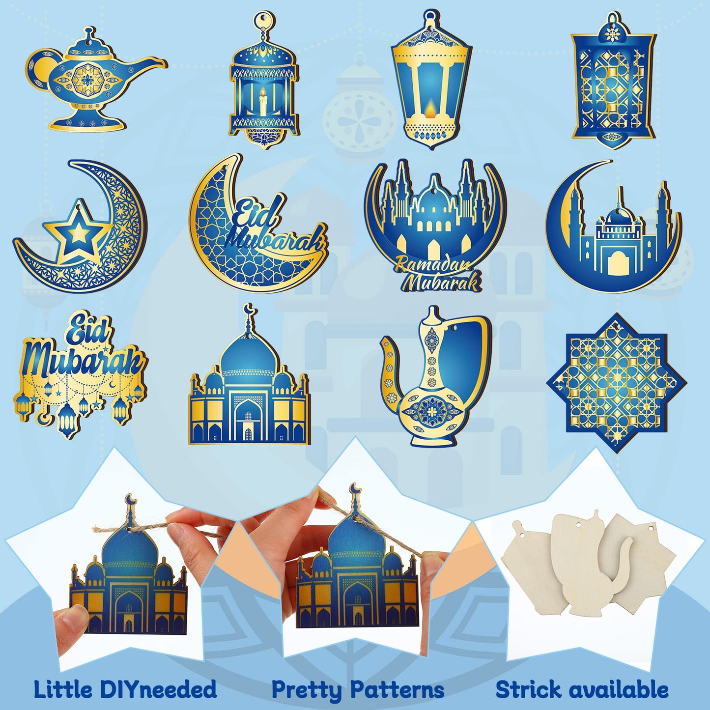 Patelai 36 Pcs Ramadan Ornaments for Tree Wooden Eid Mubarak Tree Decoration Blue and Gold Castle Lantern Star Islamic Hanging Decor Moon with Rope for Home Decor Party