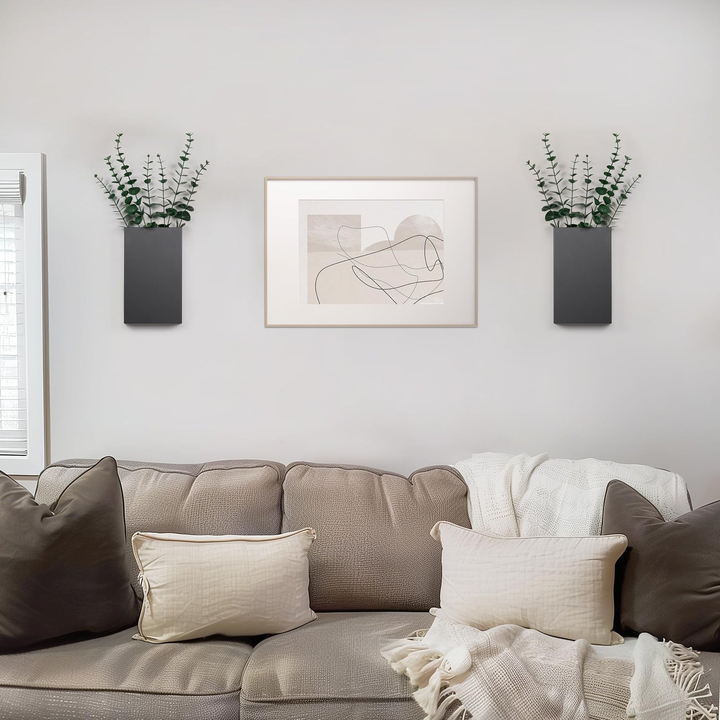 2 Pack Metal Wall Planter Vases Decor with Artificial Eucalyptus, Modern Farmhouse Rustic Hanging Pocket Planters for Indoor Greenery and Flowers, Living Room Bedroom Kitchen and Stairway Decoration