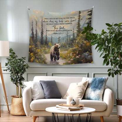 WAITPI Christian Woodland Mountain Hanging Wall Tapestry for Bedroom, Farmhouse Bear Forest Psalm 121:1-2 Bible Verse Scripture Wall Hanging Decor Tapestry for Home Living Room, 50x60in