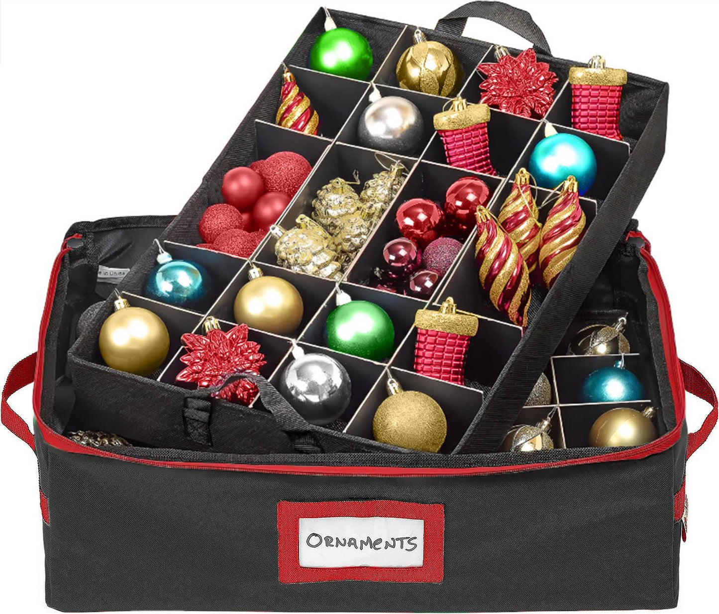 HOLDN’ STORAGE Christmas Ornament Storage Box with Dividers - Fits 48-3” Ornaments, 2 Removable Trays, Durable & Space-Saving, Clear Top Lid, Fits Underbed, Charcoal
