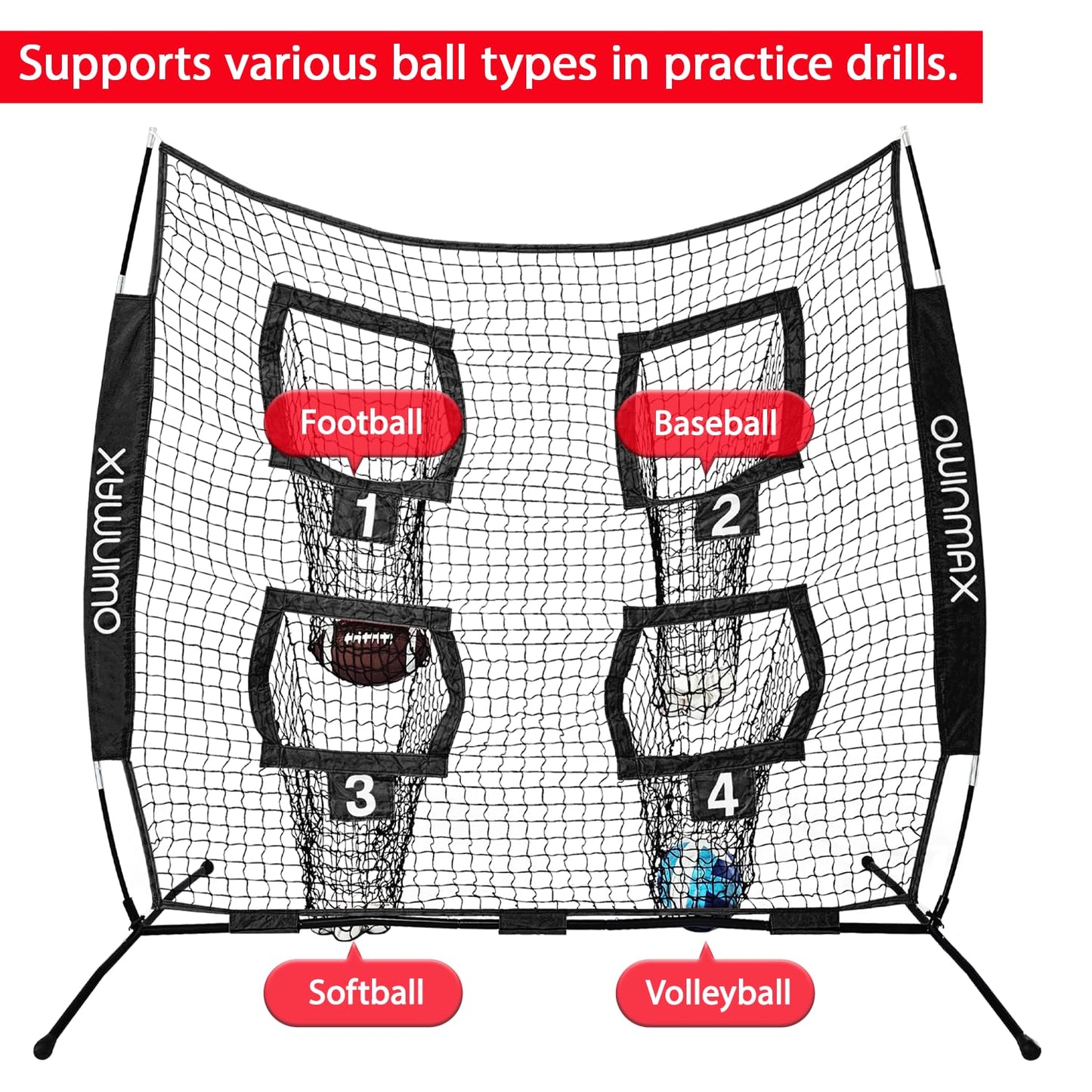 Owinmax 6x6 ft Football Trainer Throwing Net, Training Target Practice with 4 Targets, Includes Carry Bag and Ground Stake, Black and Red, Great for Kids and Youth