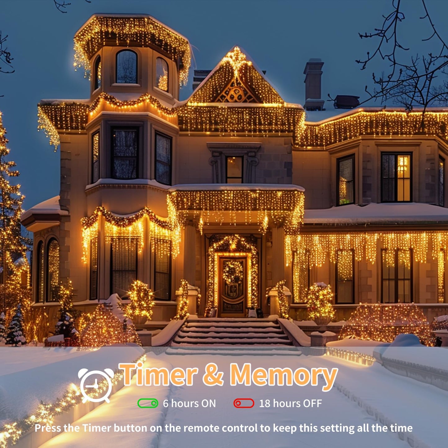 Christmas Icicle Lights Outdoor, 75.5 FT 600 LED 8 Modes Icicle String Lights with 120 Drops, Plug in Icicle Lights Waterproof with Remote Timer for Party, Wedding, Christmas Decorations - Warm