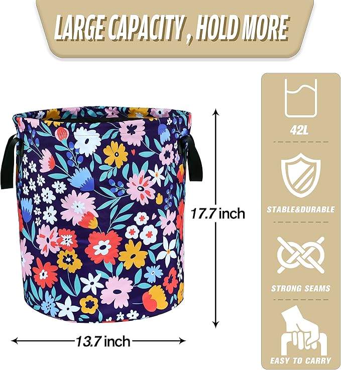 Folk Floral Art Laundry Basket Beautiful Flowers Foldable Oxford Cloth Funny