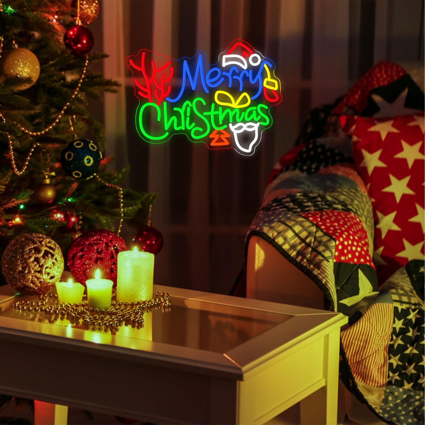 LISIGNVE Merry Christmas Neon Sign with Santa Hat Dimmable USB Powered Led Christmas Tree Stocking Light UP Sign for Home Bar Window New Year Party(16.5 * 12.4 In)