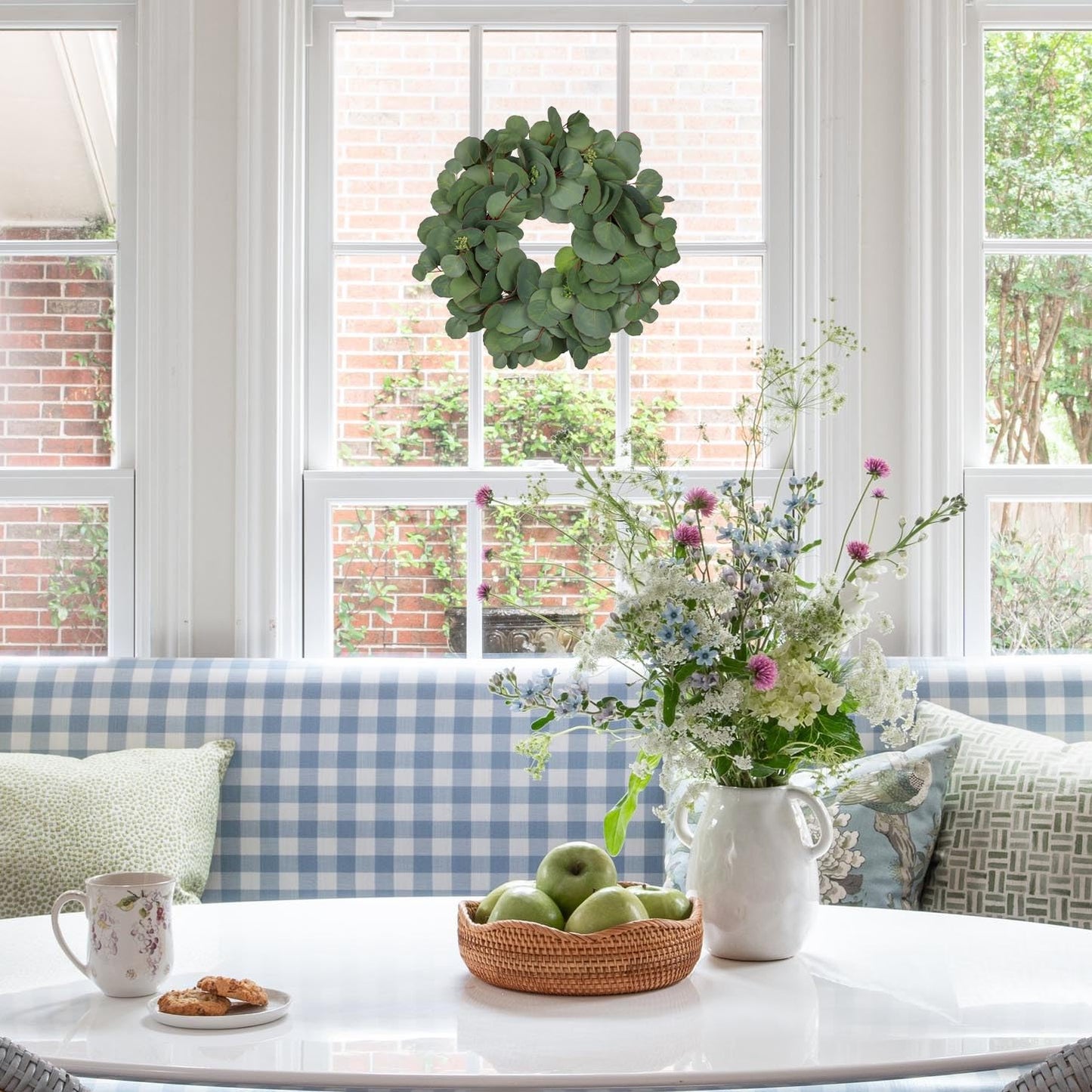 Briful 15'' Faux Eucalyptus Wreaths for Front Door, Real Touch Greenery Silver Eucalyptus Artificial Door Wreath for Home Farmhouse Wall Mantlte Window Decor