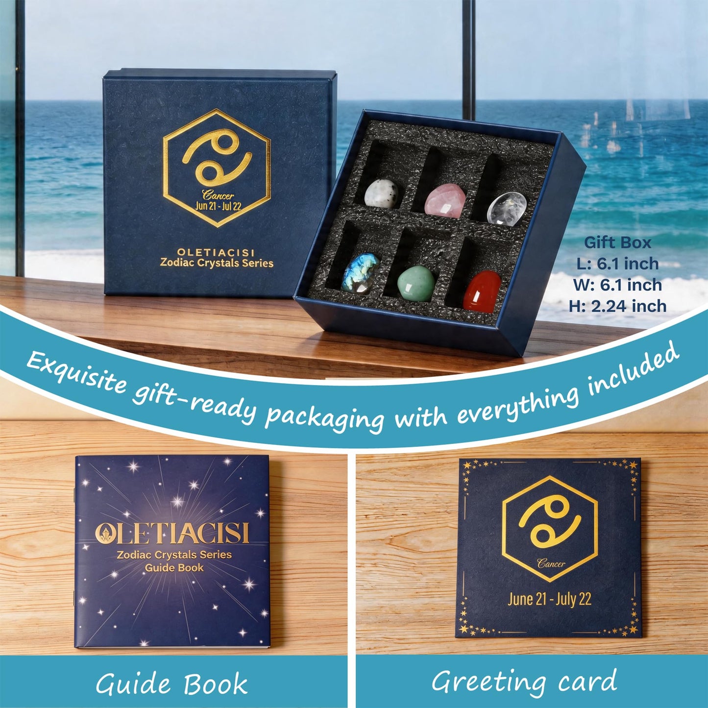 OLETIACISI Cancer Zodiac Crystal Gift Set, 6 Natural Healing Crystals for Women, Meditation, Energy, Emotional Balance & Spiritual Growth, Birthday Gift with Guidebook, Pouch & Greeting Card