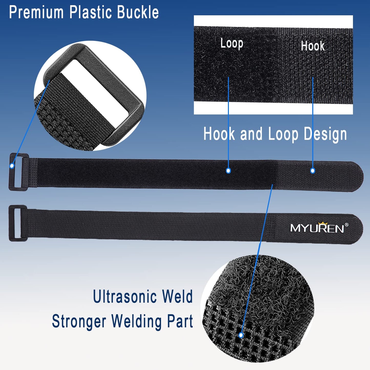 1"x 18"-12 Pack Reusable Fastening Cable Straps with Buckle Adjustable Hook and Loop Securing Strap Multi-Purpose Cinch Strap for Cord Management