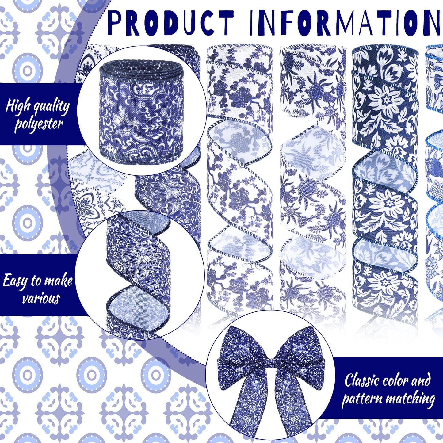 Chunful 12 Rolls Blue Floral Wired Edge Ribbon for Wreaths 2 Inch x 60 Yards Chinoiserie Print Grosgrain Ribbon for Gift Wrapping Hair Bow Sewing Wreath Party Supplies 12 Styles