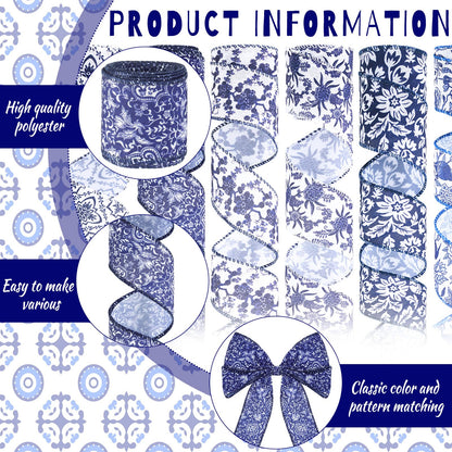 Chunful 12 Rolls Blue Floral Wired Edge Ribbon for Wreaths 2 Inch x 60 Yards Chinoiserie Print Grosgrain Ribbon for Gift Wrapping Hair Bow Sewing Wreath Party Supplies 12 Styles