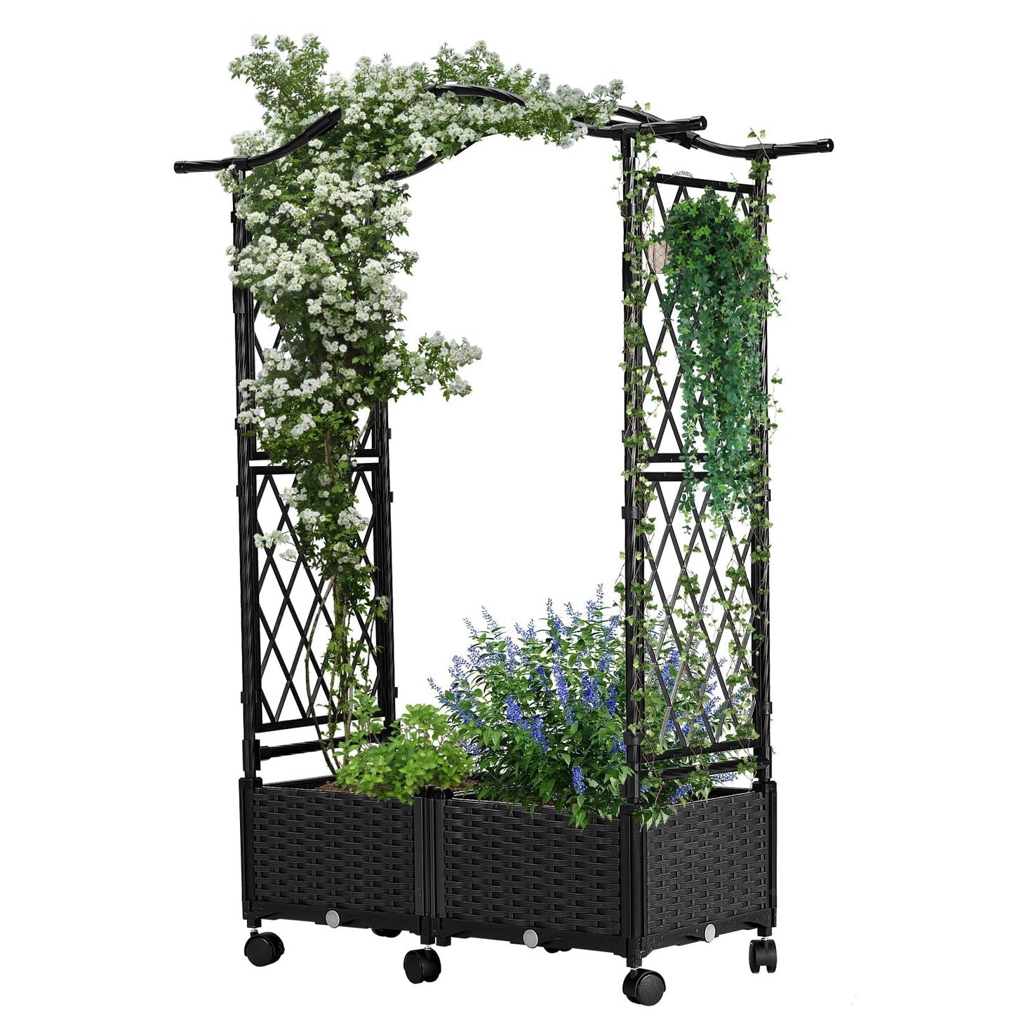 yotoworth Planter Box with Trellis Outdoor, Plastic Raised Garden Bed Trellis Planter Box with Wheels and Drainage Hole for Patio Balcony Backyard Indoor Flower Vegetable Tomato, Black
