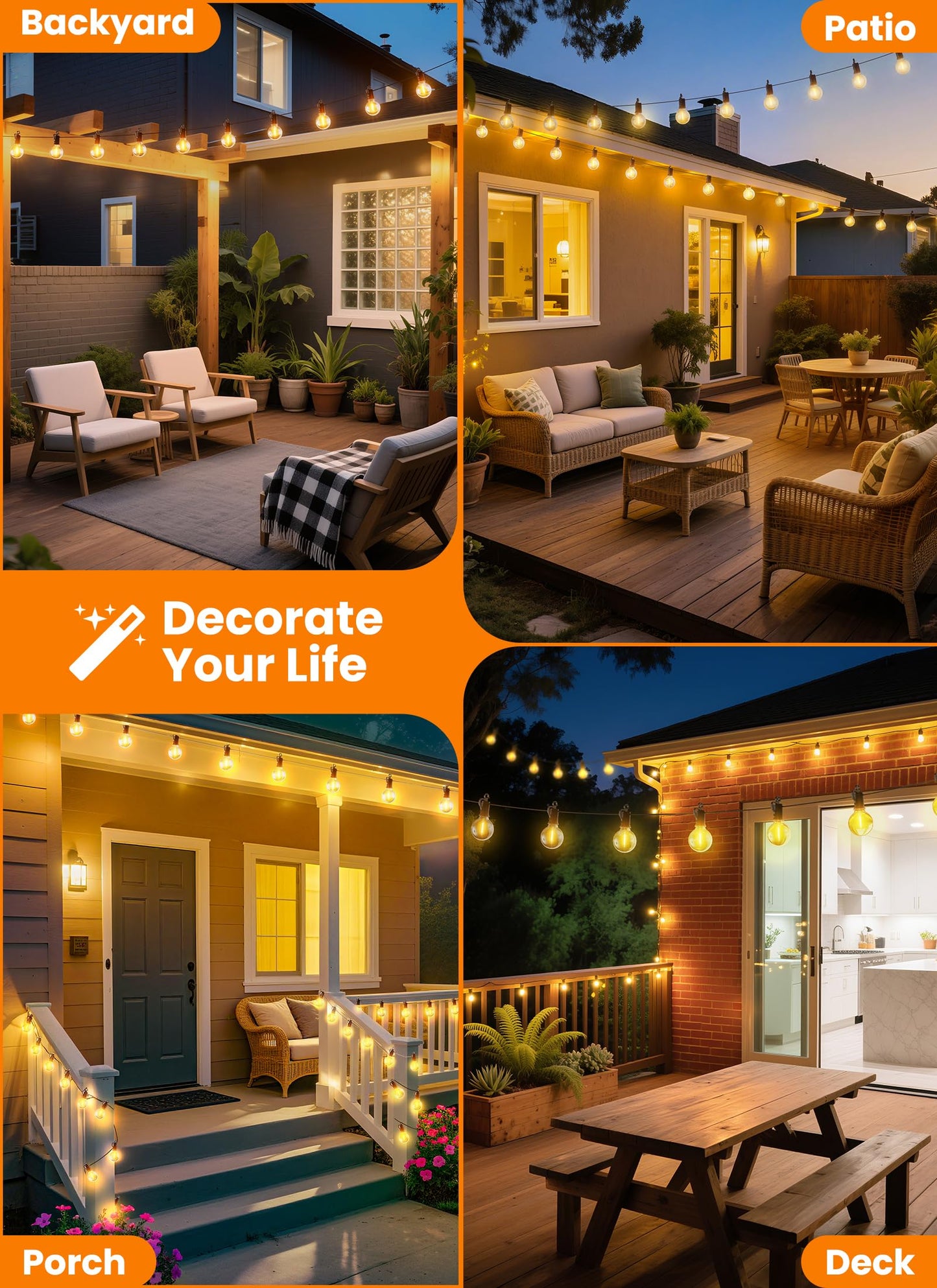 SmartDawn Outdoor String Lights, 25FT 12 LED Bulbs String Lights, IP65 Waterproof Connectable G40 Outside Patio Light for Backyard Porch Balcony Garden Decor Christmas Camping Gazebo