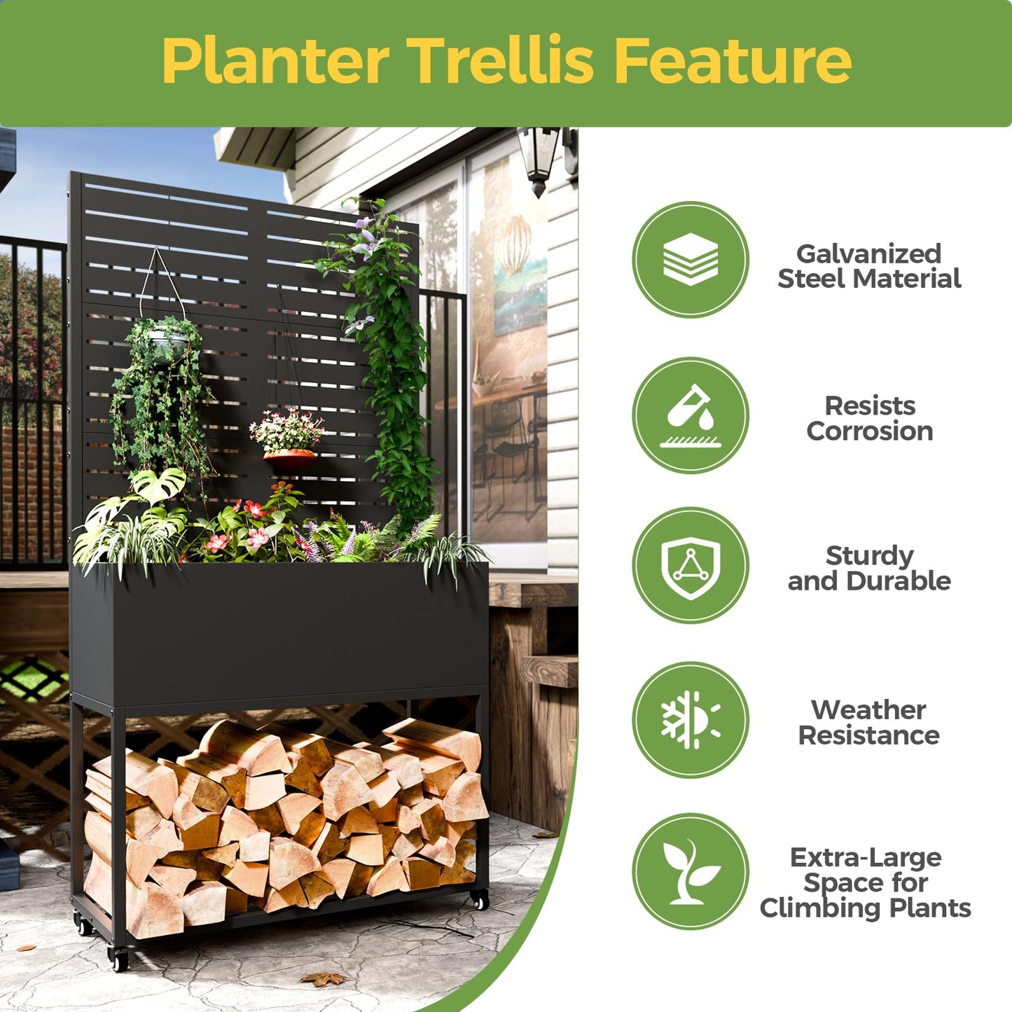 Metal Planter Box with Trellis, 3 in 1 Raised Garden Bed with Trelli & Firewood Rack, Privacy Planter Screen for Climbing Plants, Vine, Outdoor Garden Standing Beds with Drainage Holes, Wheels,Black