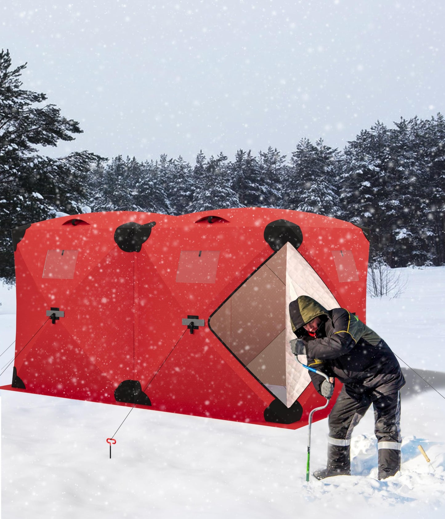 ActiveTrail Ice Fishing Tent Insulated Pop Up Hub Style Ice Shanty, 11.6 x 6.5 x 6 ft Portable Ice Fishing Shelter for 6 to 8 People, Windproof Ice Fishing Hut with Carry Bag, Ice Anchors, Vents