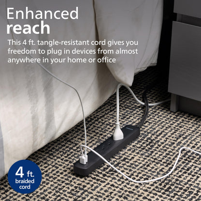 Philips 6 Outlet Power Strip Surge Protector, 6 Ft Power Cord, Designer Braided Extension Cord, Flat Plug, Perfect for Office or Home Décor, 1080 Joules, White, SPC3054WA/37