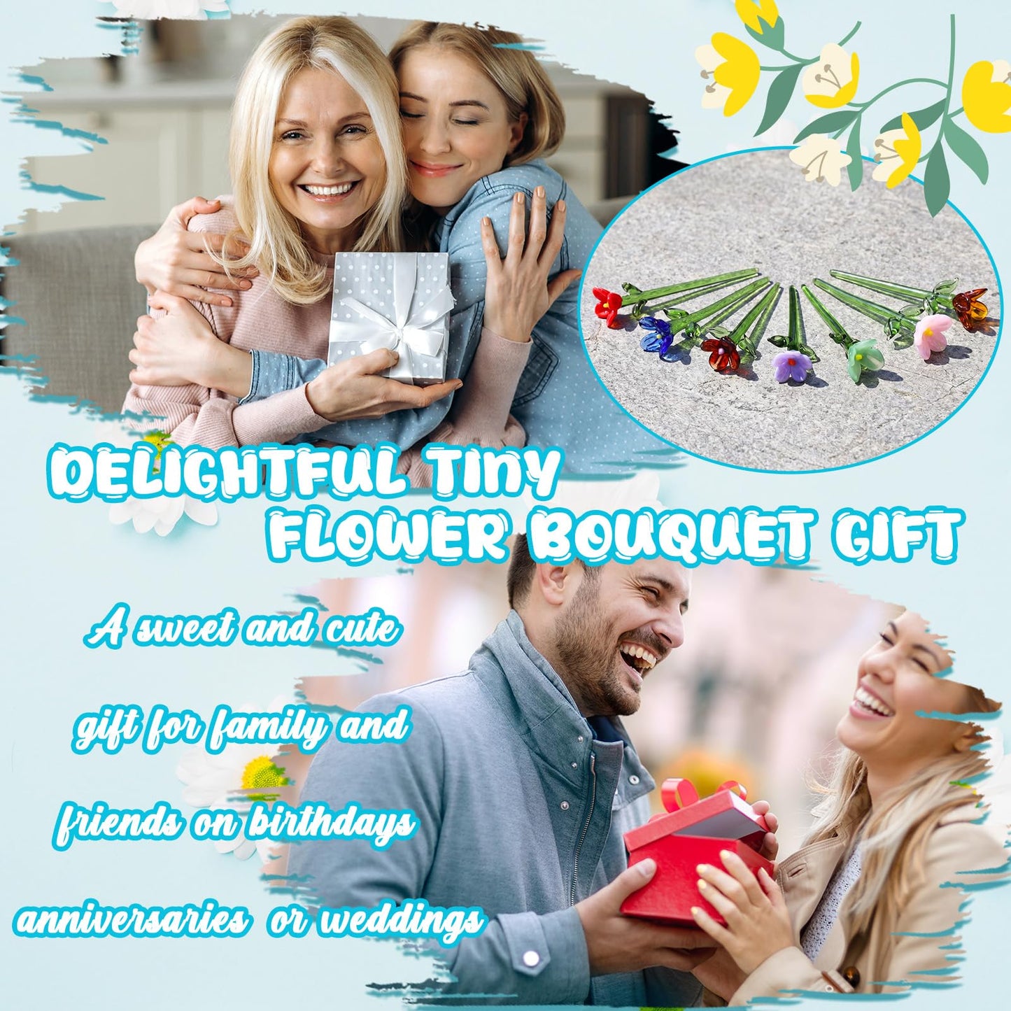 Fiwochic 14 Pcs Miniature Glass Flower Leave and 2 Pcs Vase Set Small Mini Glass Birth Month Flower with Stems Crystal Wildflower Bouquet for Women Mom Mother's Day Office Home Table Centerpiece