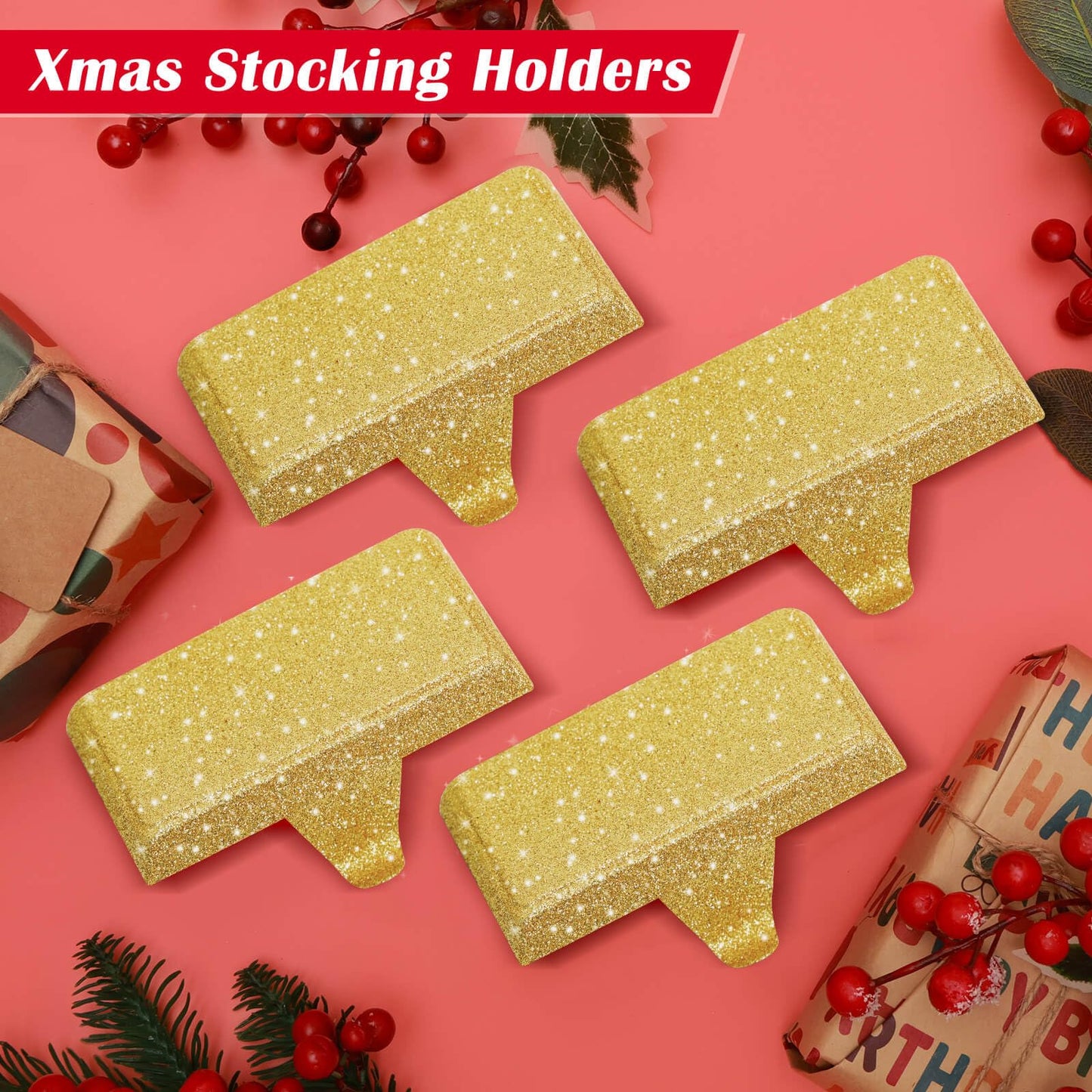GoClimber Christmas Stocking Holders for Mantle Set of 4, Weighted Stocking Holder Fireplace Stocking Hangers for Xmas Holiday Party Decoration