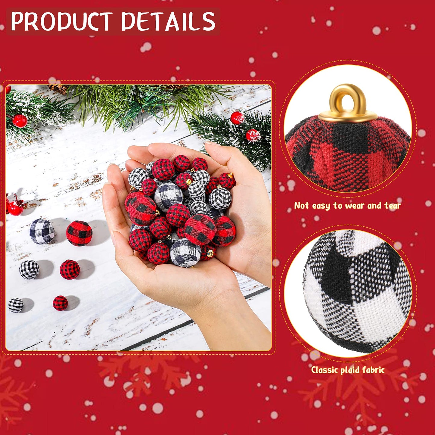 60 Pieces Mini Christmas Ball Ornaments Multi-Size Buffalo Check Fabric Wrapped Balls Decorative Xmas Tree Wreath Hanging Pendant for Holiday Party Decorations (Red-Black Plaid, Black-White Plaid)