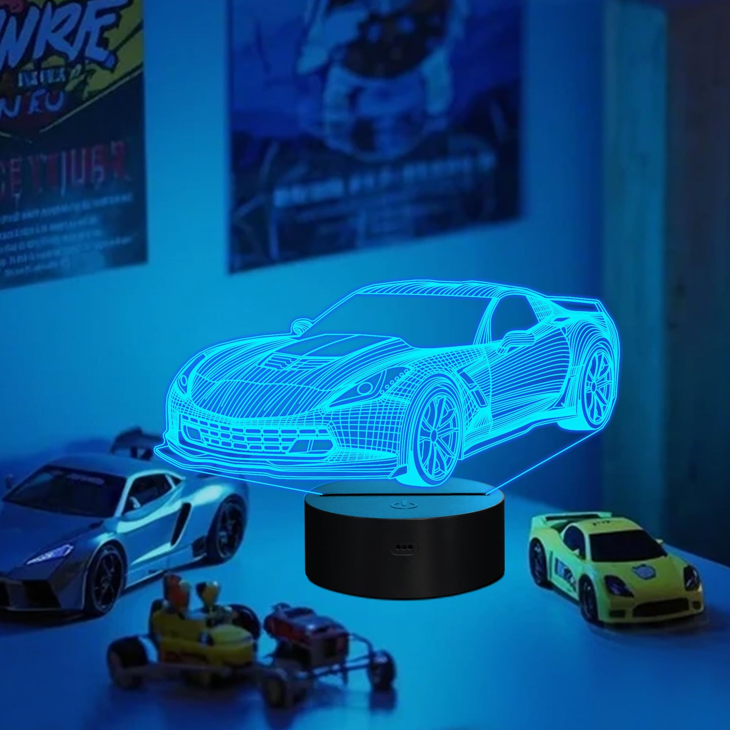 YuanDian Racing Car 3D LED Illusion Lamp, 16 Colors USB & Battery Powered Touch Control with Remote, Creative Car Gift for Boys & Lovers