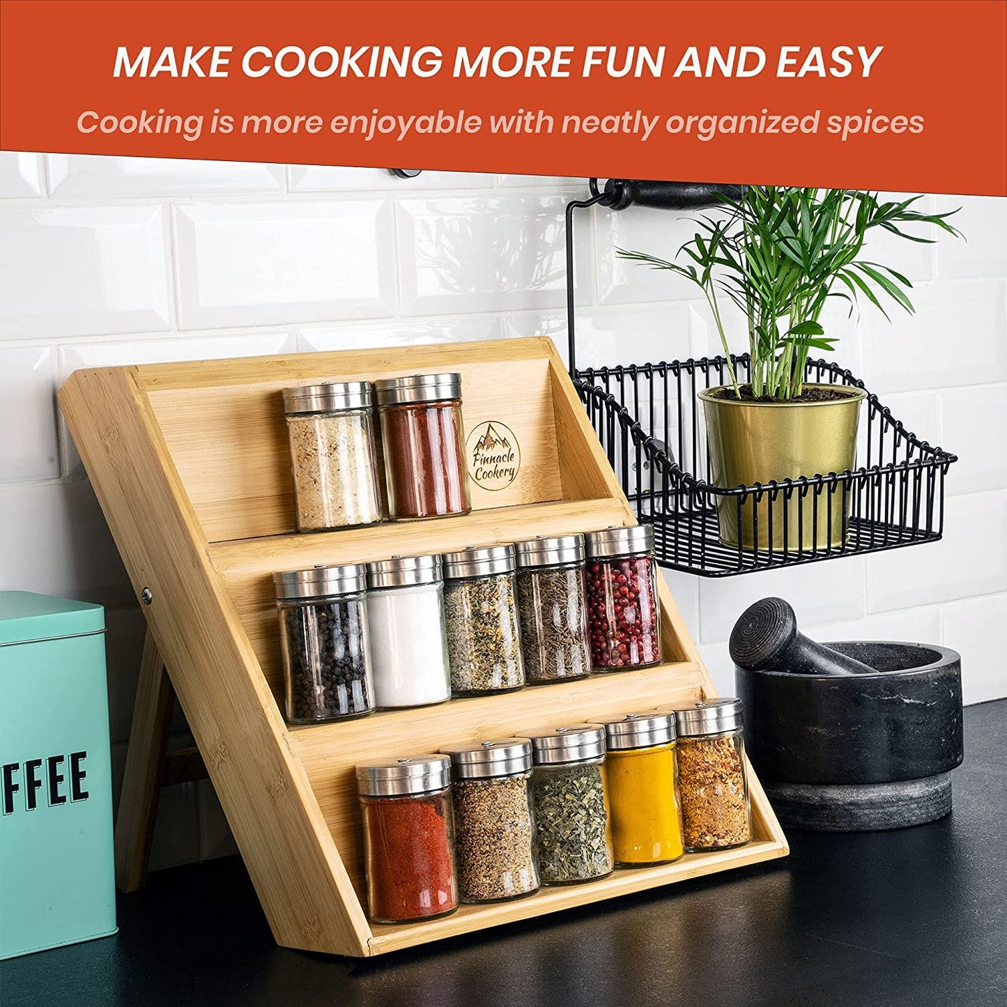 Pinnacle Cookery Bamboo Spice Rack Organizer for Countertop - Eco Friendly Seasoning Organizer 3-Tier Spice Shelf - Space Saving Wooden Spice Rack