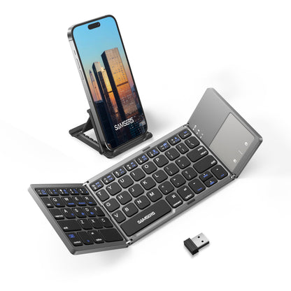 Samsers Foldable Bluetooth Keyboard with Touchpad - Portable Wireless Keyboard with Holder, Rechargeable Full Size Ultra Slim Pocket Folding Keyboards for Android Windows iOS Tablet & Laptop - Black