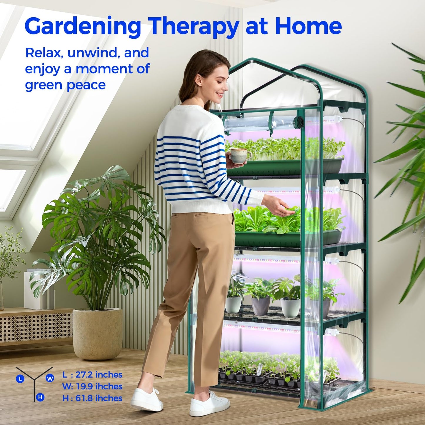 Indoor Greenhouse with Grow Light, Ohuhu 4-Tier Mini Green House for Winter - Full Spectrum Greenhouses for Seed Starting Small Portable Green Houses Waterproof PVC Cover & Adjustable Shelves