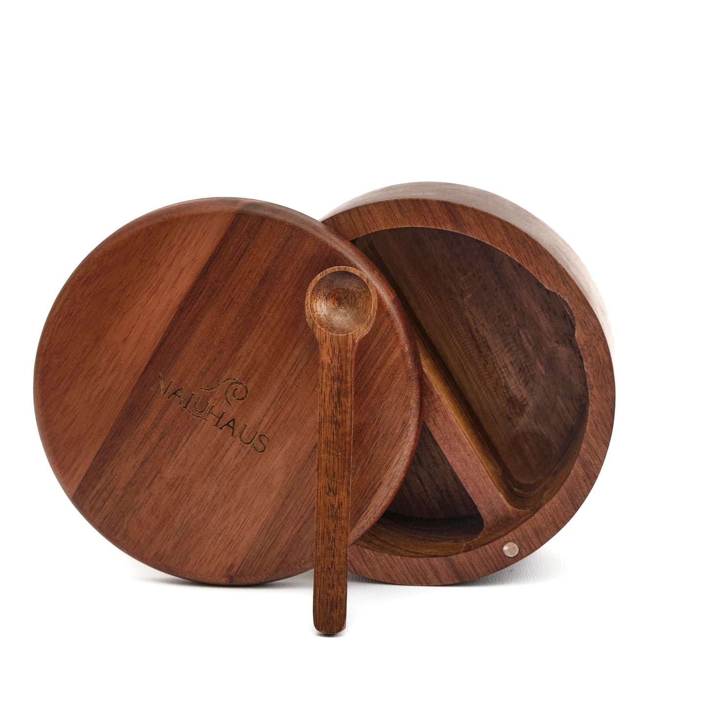 Acacia Wood Salt and Pepper Bowl Set with Swivel Magnetic Lid & Spoon Eco-Friendly Kitchen Countertop Organizer Moisture-Proof Storage for Sea Salt, Spices, Herbs Natural Wood