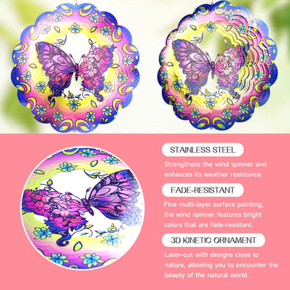 Butterfly 12 Inch Wind Spinners Garden Yard Decor Gift for Women Men, Outdoor Purple Metal 3D Wind Spinner, Stainless Steel Hanging Wind Catchers Sculpture for Outside Decoration