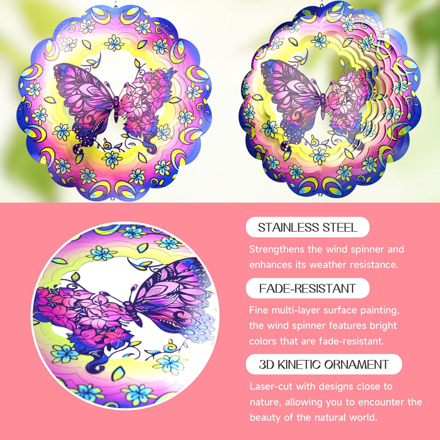 Butterfly 12 Inch Wind Spinners Garden Yard Decor Gift for Women Men, Outdoor Purple Metal 3D Wind Spinner, Stainless Steel Hanging Wind Catchers Sculpture for Outside Decoration