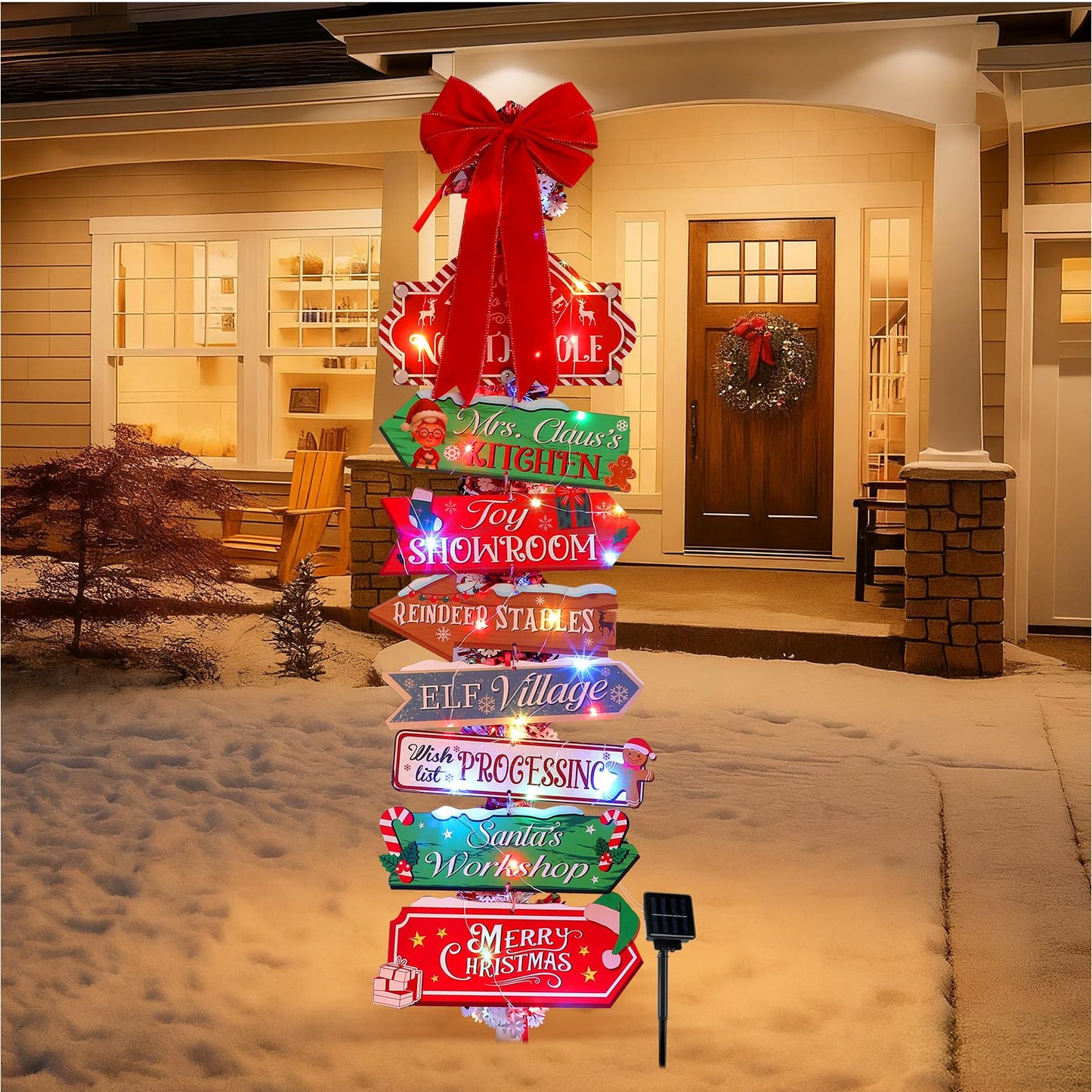 Colingmill Christmas Lamp Post Light Decorations with 8 Merry Christmas Yard Wooden Signs 16.4ft 50led Solar Light String 2 Xmas Tinsel Garlands Red Velvet Bow for Outdoor Holiday Post Lamp Yard Decor