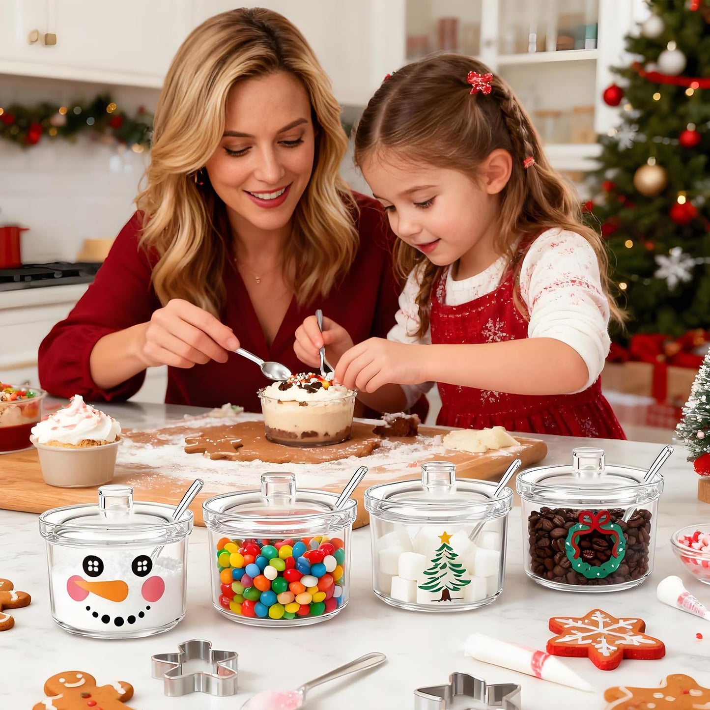 Foxtell 4 Pcs Christmas Clear Acrylic 450ml Sugar Bowls with Lid and Spoon Ice Cream Sundae Storage Container Kitchen Canister Condiment Bottle for Xmas Party Serving & Decor