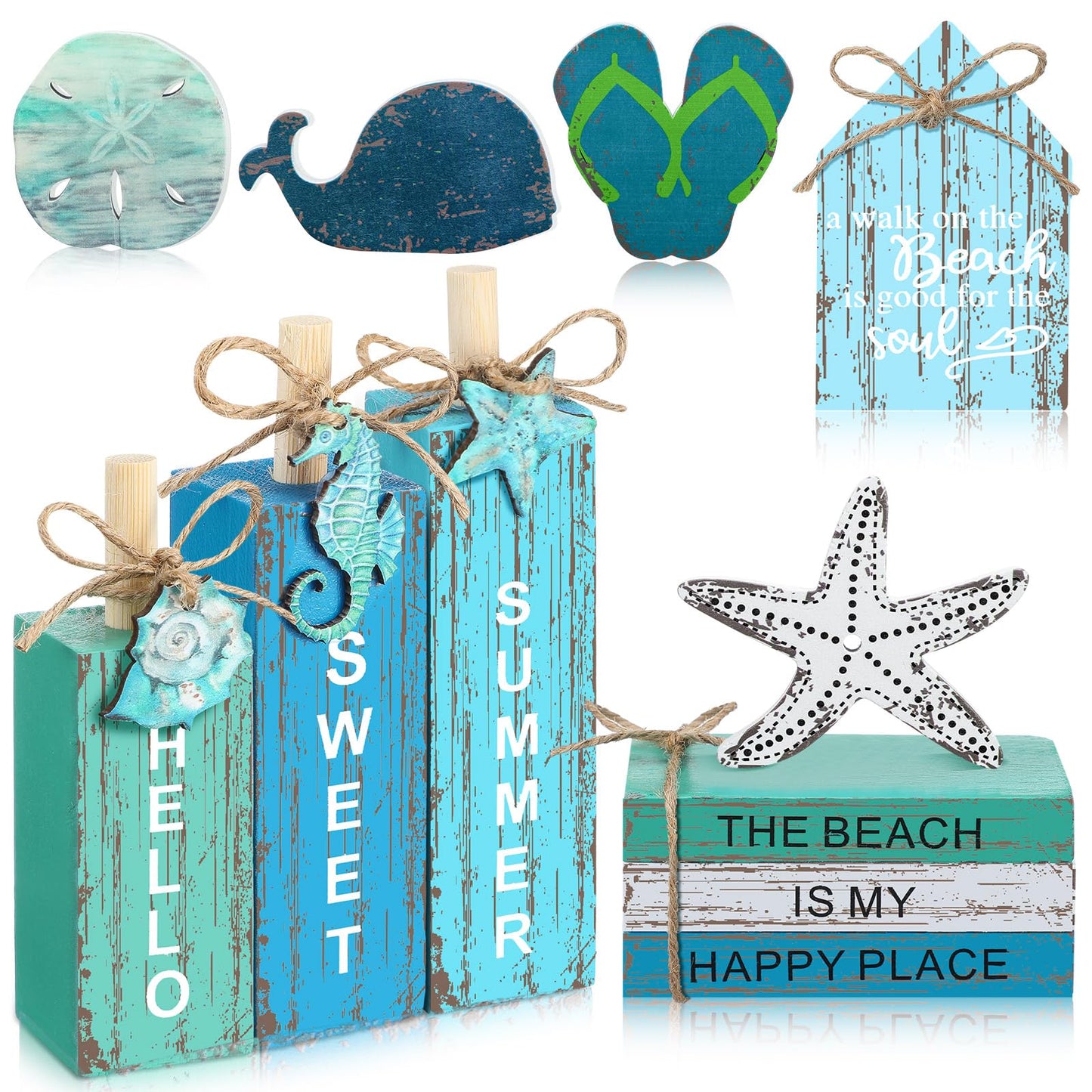Vercraft 11 Pcs Summer Beach Table Decorations Ocean Tiered Tray Decor Summer Centerpiece Decorative Wood Books Table Top Decor Starfish Wooden Sign for Home Party Supplies (Ocean)